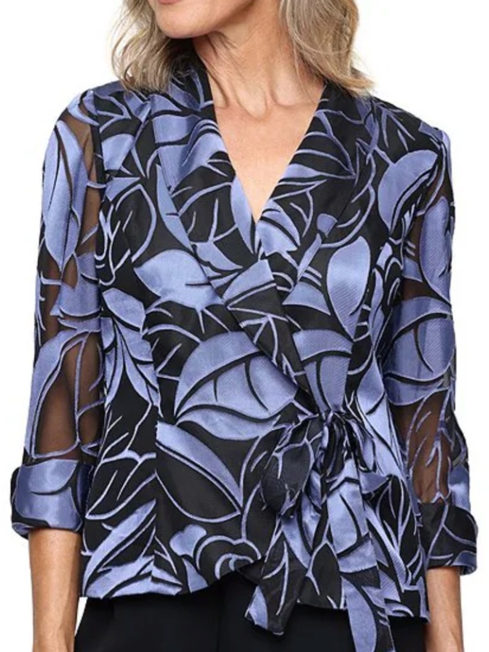 Alex Evenings Floral Print, V-neck, 3/4 Illusion Sleeve Blouse Top, XL